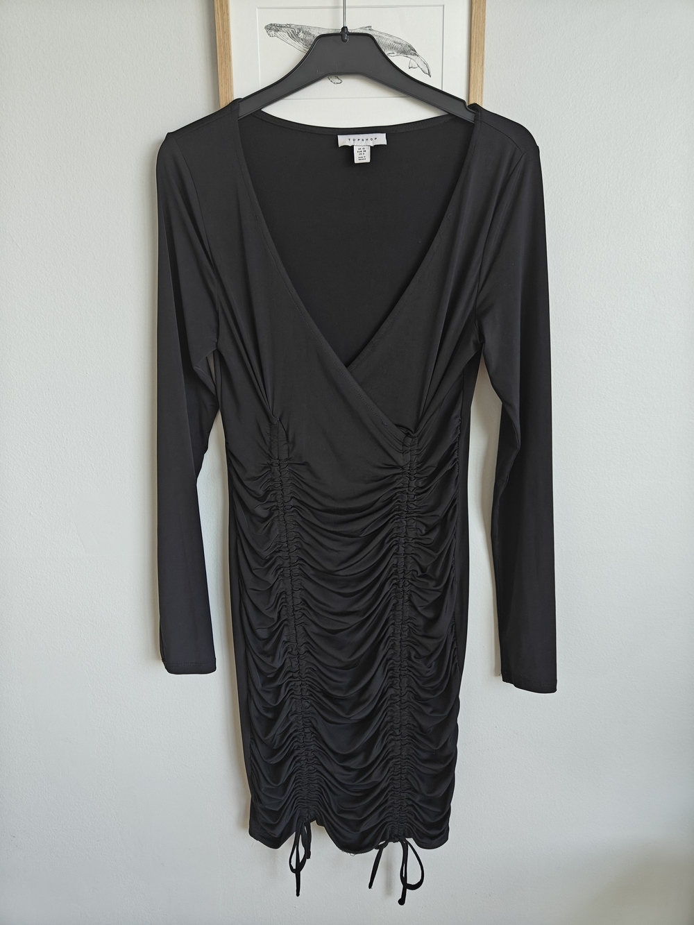 Topshop Black Ruched Long-Sleeve Wrap Dress